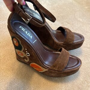 Prada Brown Suede Embroidered Wedge Sandals with Ankle Strap